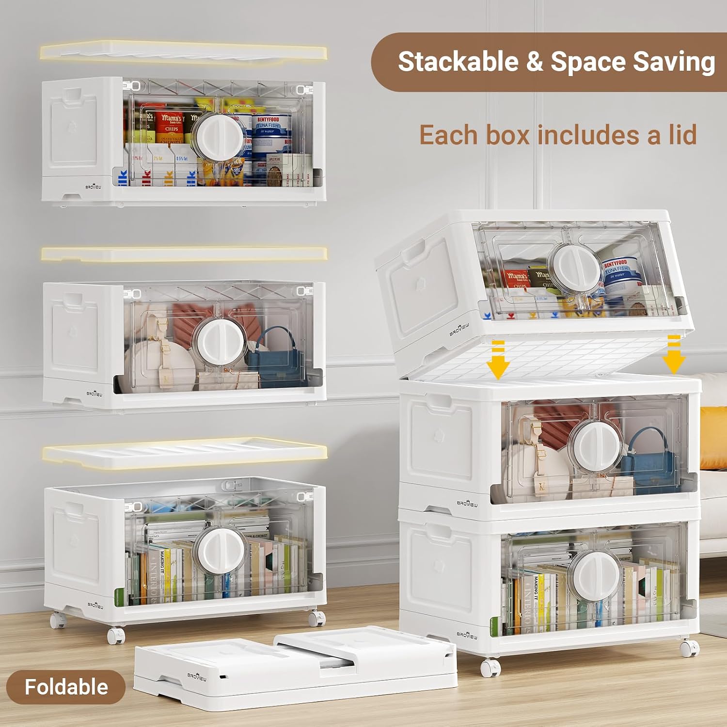 BROVIEW 360Qt Lockable Stackable Storage Bins with Lids, Closet Organizers and Storage Drawer, Collapsible Storage Bin with Wheels, Plastic Cabinet for Toy Clothes Dorm Organizer, V9 3 Pack White