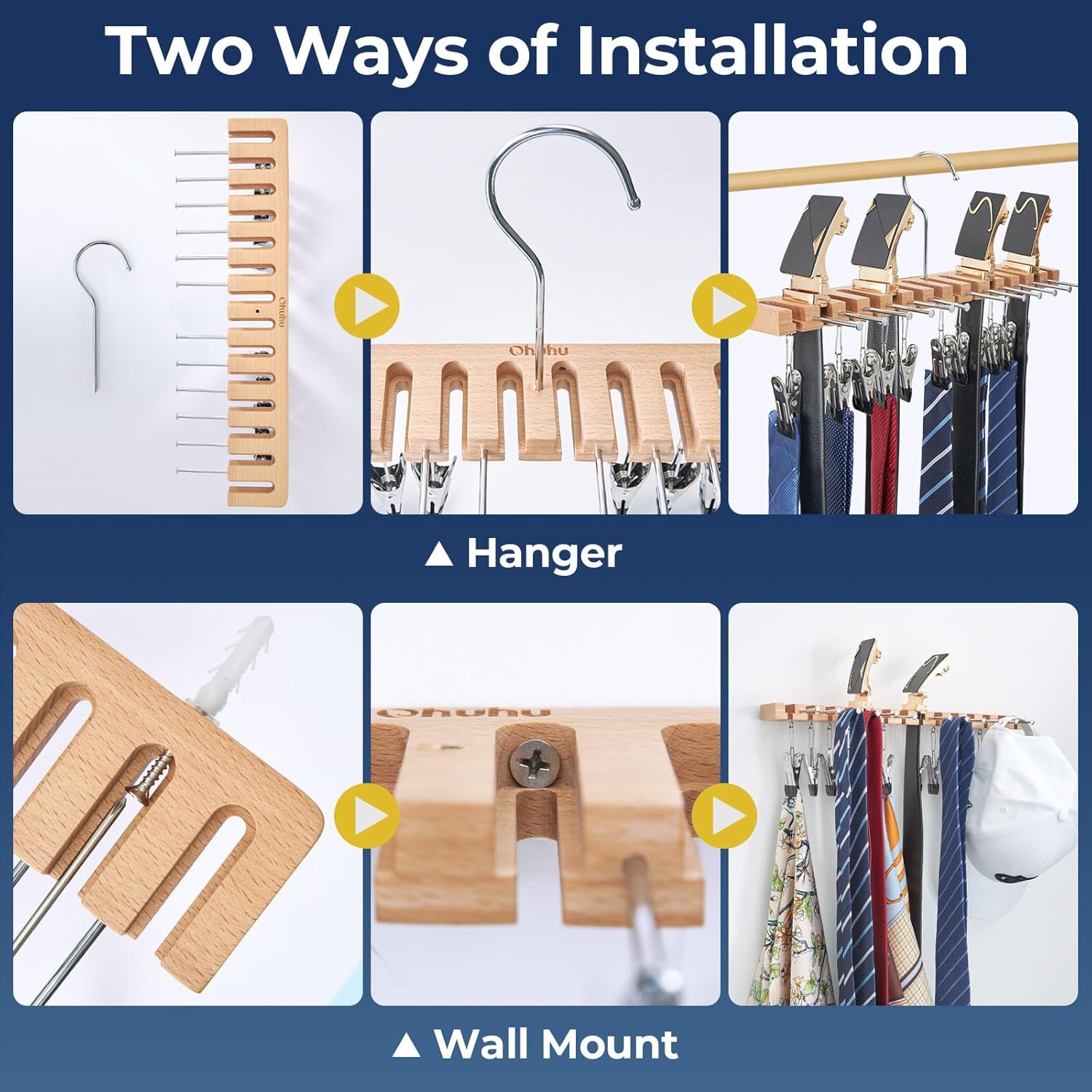 Ohuhu 3 in 1 Belt Hanger Tie Rack Hat Organize for Closet Storage with 14 Belt Slots 12 Tie Hangers 12 Hat Clips Wall Mount Belt Display Space Saver for Men Women Belt Tie Hat Accessories