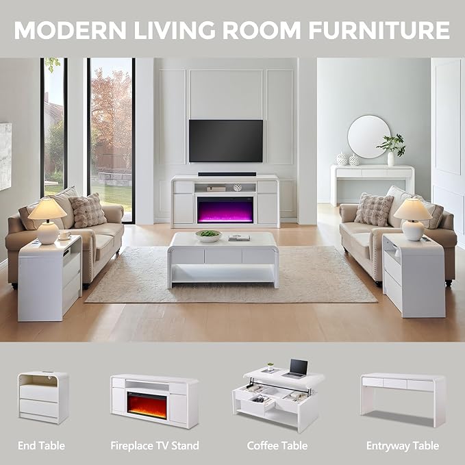 Modern Fireplace TV Stand with 36" LED Electric Fireplace for 80 inch TVs, 32" Tall Entertainment Center w/Drawers &Adjustable Shelves, Wood Media Console w/Curved Profile Design for Living Room,White