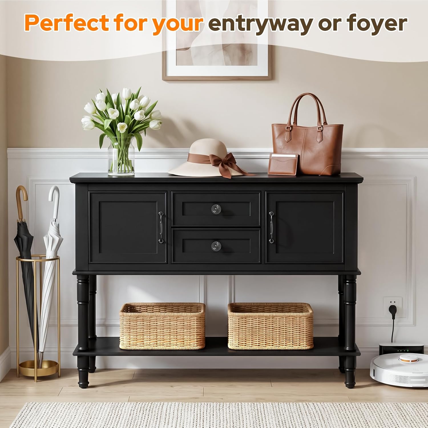 Console Table with 2 Soft-Close Cabinet Doors, Retro Narrow Entryway Table with 2 Drawers & Open Storage Shelf, 42" Long Behind Couch Sofa Table for Living Room, Foyer, Hallway, Coffee Bar (Black)