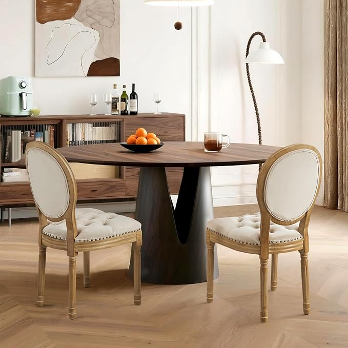 French Country Dining Chairs Set of 4,Farmhouse Upholstered Dining Room Chairs with Tufted Round Back&Solid Leg,Velvet Kitchen Side Chairs for Kitchen/Bedroom/Dining Room,Beige