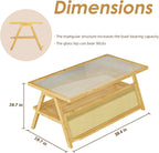 Bamworld Coffee Table with Storage Mid-Century Modern Coffee Table Boho | BambooTable with Glass Top for Living Room Office