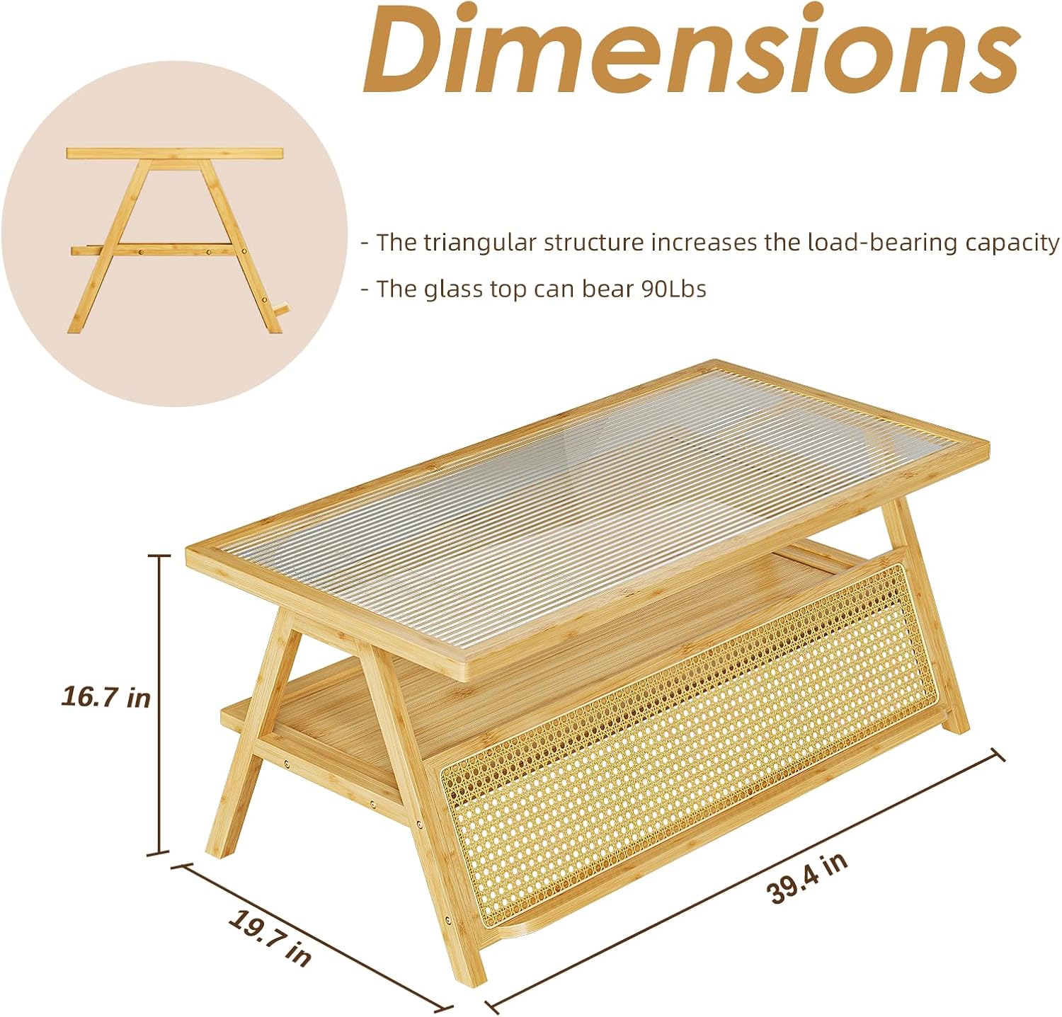Bamworld Coffee Table with Storage Mid-Century Modern Coffee Table Boho | BambooTable with Glass Top for Living Room Office