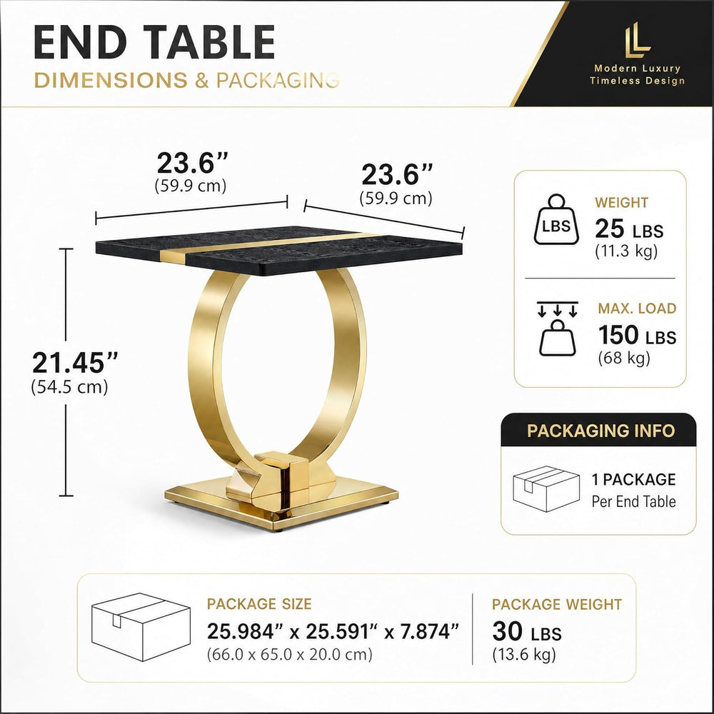 Asday 23” Black and Gold End Table, Modern Square Wood Side Table with Polihs...