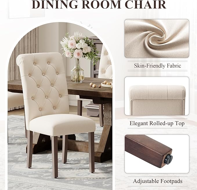 Upholstered Tufted Dining Room Chairs Set of 6, Parsons Kitchen Chairs with Padded Seat and Solid Wood Legs, Fabric Accent Side Diner Chair for Dining Room/Kitchen/Living Room, Beige