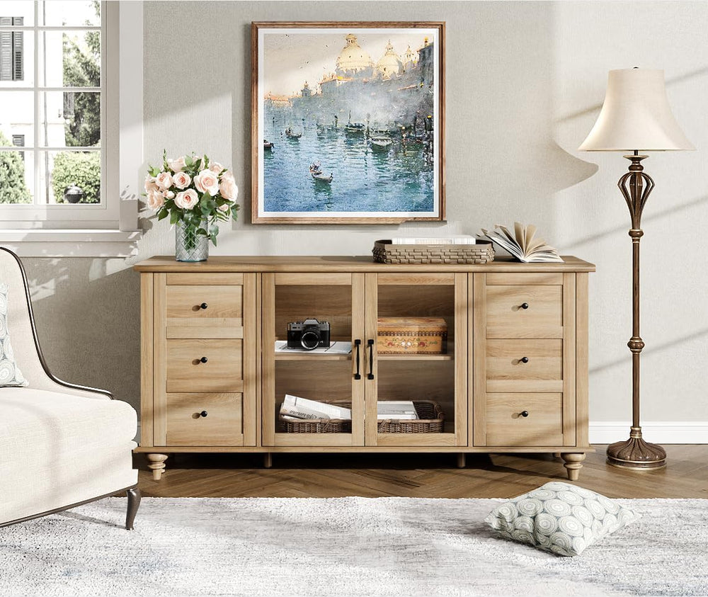 WAMPAT Farmhouse Sideboard Buffet Cabinet with Glass Door & Adjustable Sh...