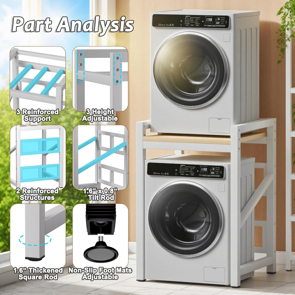 Over The Washer and Dryer Storage Shelf, Widen & 3 Height Adjustable Stacking Rack, Space Saver Washer Dryer Stacking Kit, Thicker Metal Washer Shelf for within 29.5" width (White, 29.5 Inch)