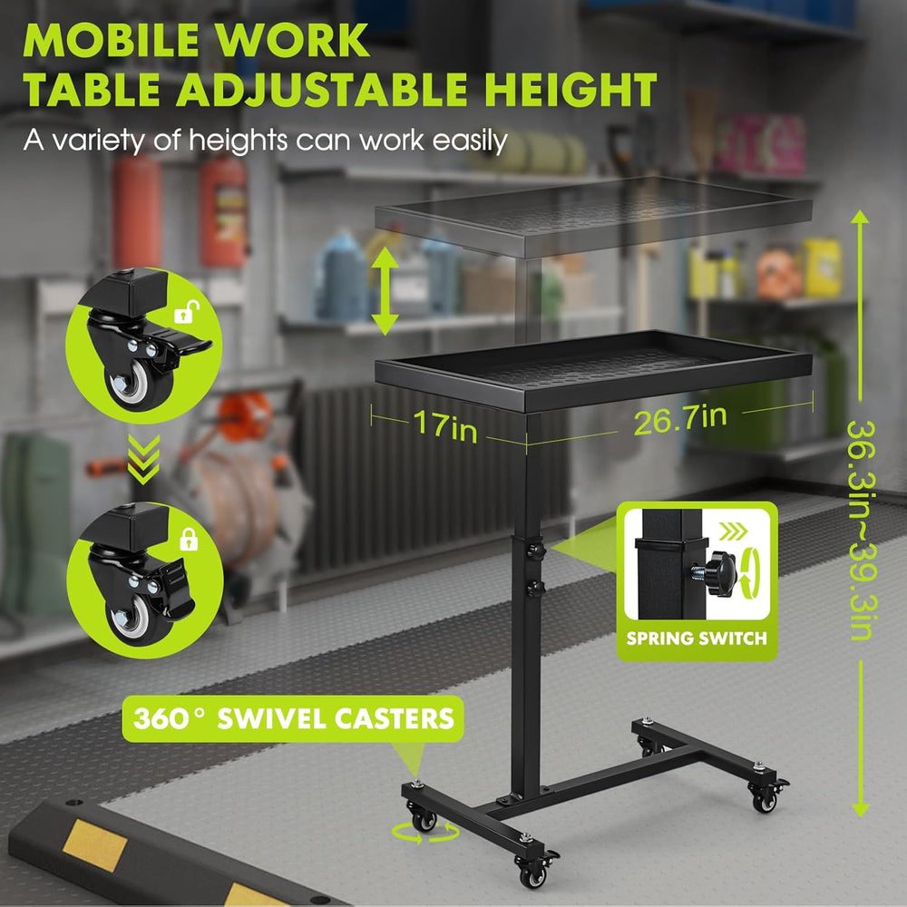 Adjustable Work Table with Wheels, Mechanic Rolling Tool Tray Table for Garag...