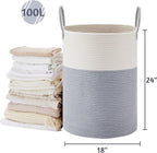 VIPOSCO Large Laundry Hamper, Tall Woven Rope Storage Basket for Blanket, Toys, Dirty Clothes in Living Room, Bathroom, Bedroom - 100L Grey & White