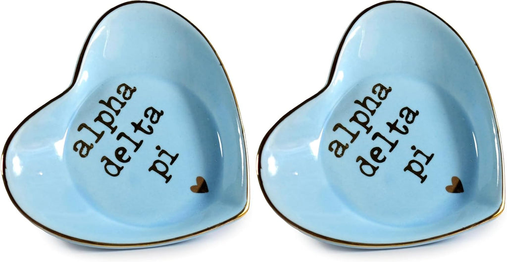 Alpha Delta Pi Jewelry Dish, Heart-Shaped High-Gloss Finish Ceramic Tray with Gold Detailing, Multi-Function Ceramic Ring Dish for Home or Office, Ideal for Jewelry and Keys (Pack of 2)