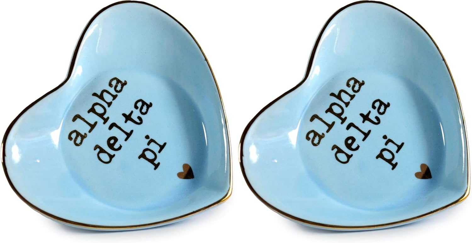 Alpha Delta Pi Jewelry Dish, Heart-Shaped High-Gloss Finish Ceramic Tray with Gold Detailing, Multi-Function Ceramic Ring Dish for Home or Office, Ideal for Jewelry and Keys (Pack of 2)
