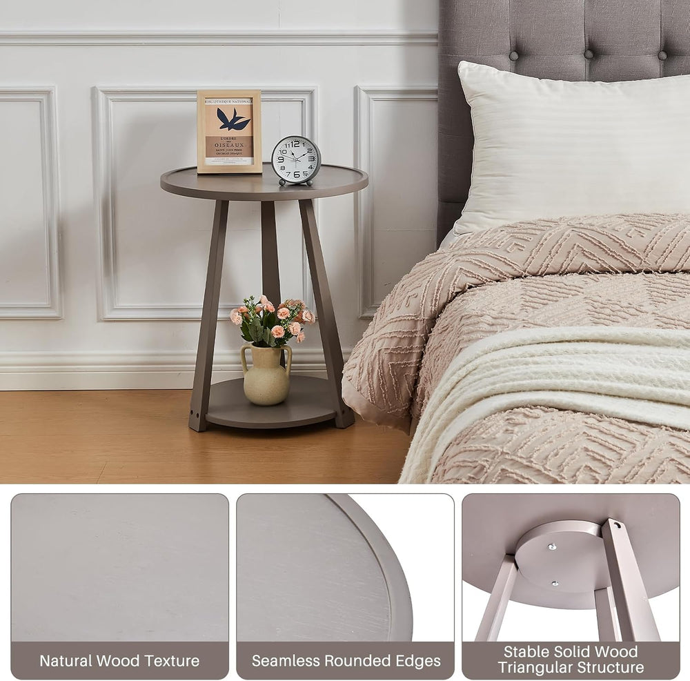 Solid Wood Round Side Table - Small Round Grey End Table, Wooden Modern Bedsi...