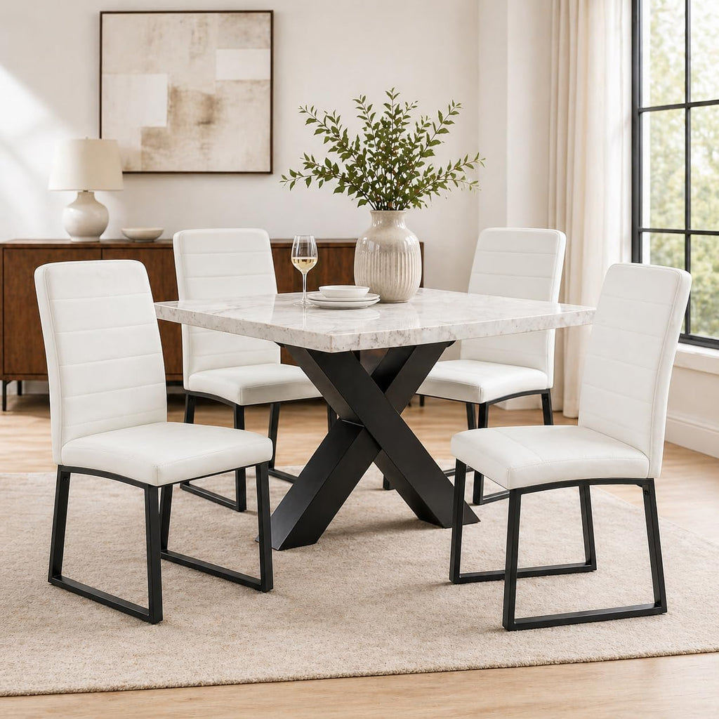 Modern Dining Chairs Set of 4, White Faux Leather Kitchen Chairs, Upholstered Armless Dining Room Chair with Black Mental Legs Heavy Duty, Comfortable (White Chairs, Set of 4)
