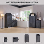 Modern Double Tilt-Out Trash Cabinet, 20 Gallon Fluted Laundry Hamper Cabinet with 2 Drawers, Wooden Hidden Garbage Can Cabinet with Storage Basket, Free Standing for Kitchen & Living Room, Grey