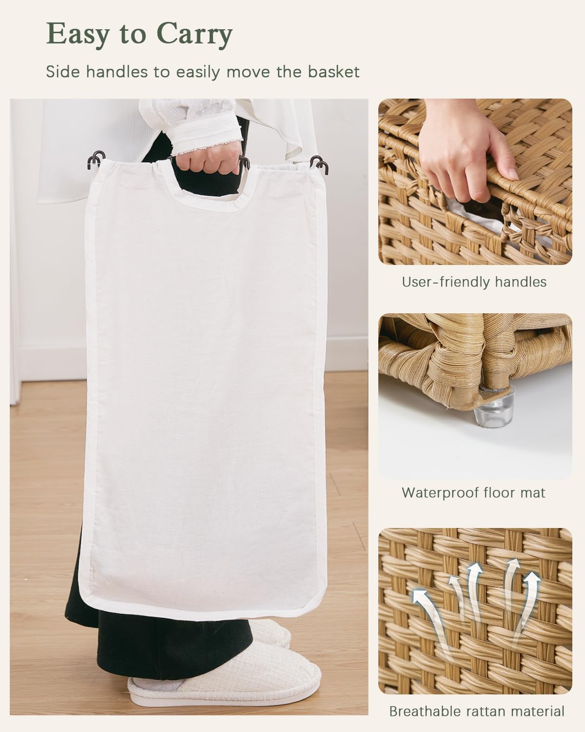 Laundry Hamper with Lid Laundry Basket 132 L (35 Gal) Wicker Clothes Hamper, Handwoven Rattan Hamper with Handles and 4 Removable Liner Bags, 6 Mesh Bags for Laundry Bedroom Natural