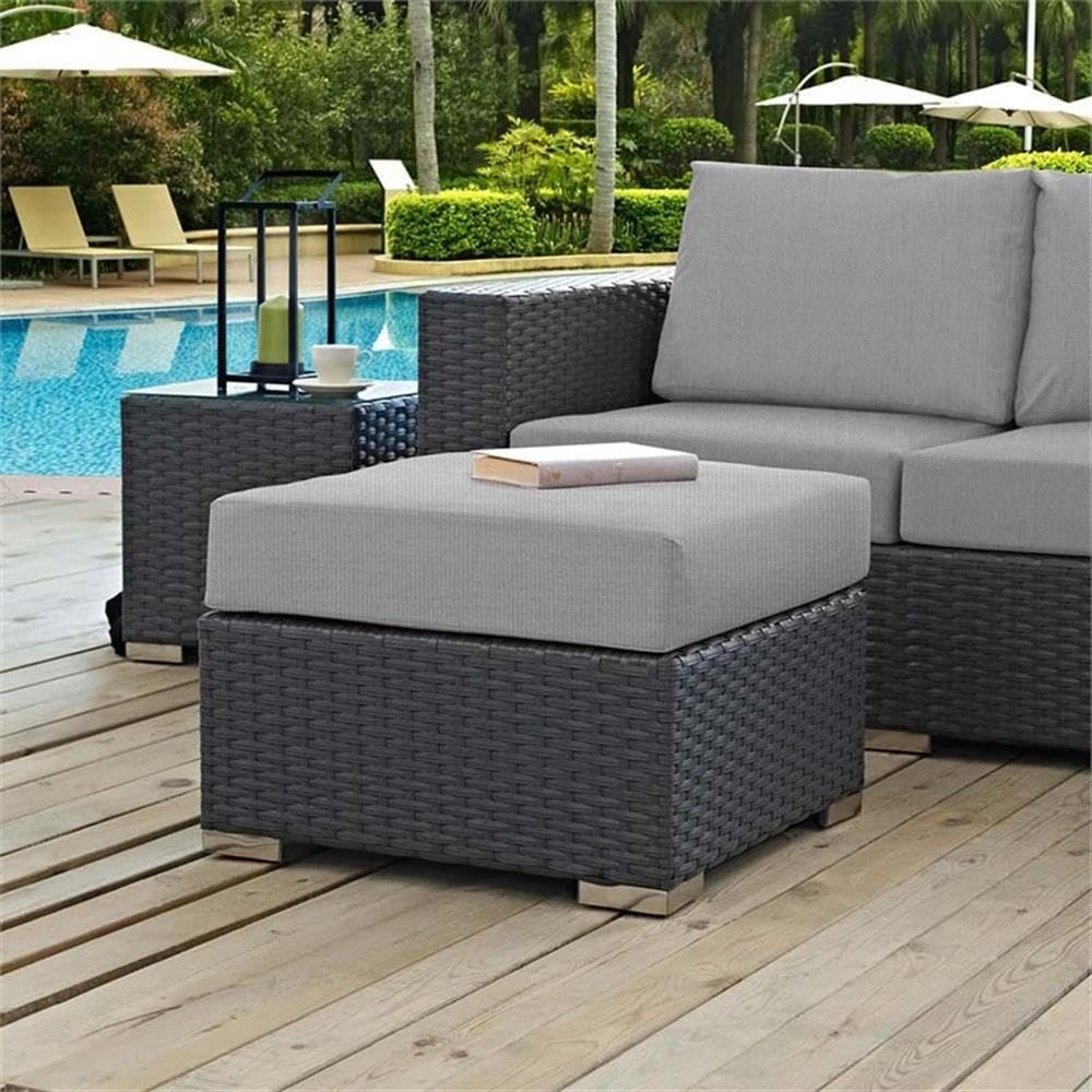 Bowery Hill Outdoor Patio Ottoman, 25 x 25 x 17.5 in, Synthetic Rattan Weave ...