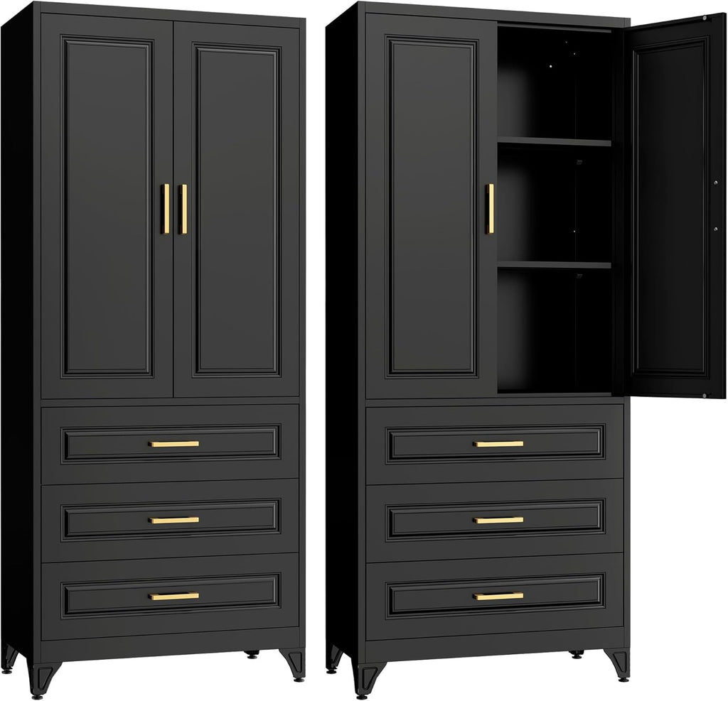 SteeLoong 75" Kitchen Pantry Cabinet with 3 Drawers,Metal Storage Cabinets with Doors and 2 Adjustable Shelves,Black Kitchen Cabinet with 2 Gold Handles,Food Cupboard for Livingroom, Bathroom,Pantry