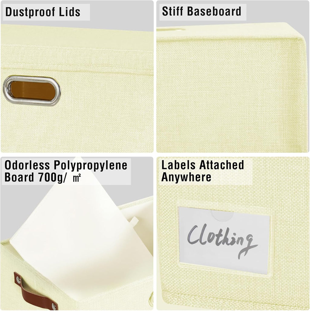 17" Large Collapsible Storage Bins with Lids, Stackable Closet Organizers with PU Handle and Labels, 3-Pack Decorative Fabric Storage Boxes for Home, Bedroom, Closet, Office, Nursery(Beige)