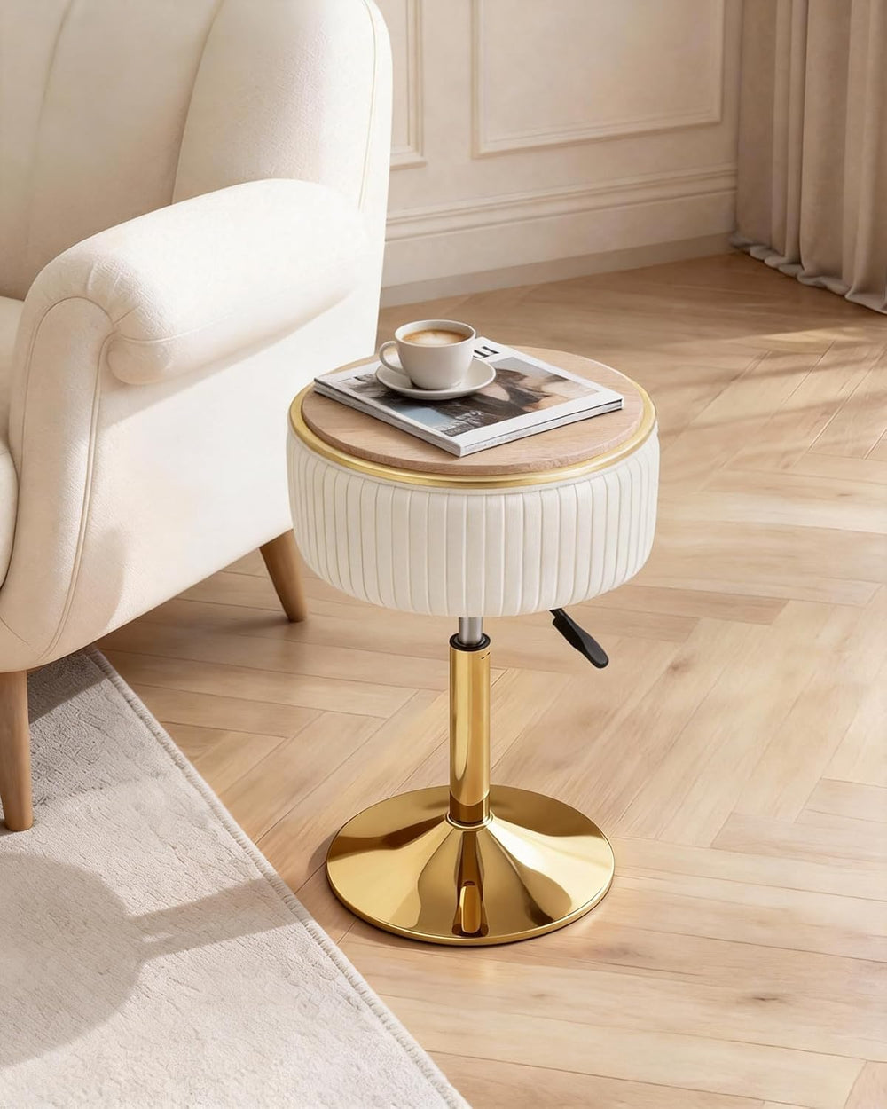 LITZFUR Adjustable Vanity Stool with Storage, 360° Swivel Gold Chair, Velvet ...
