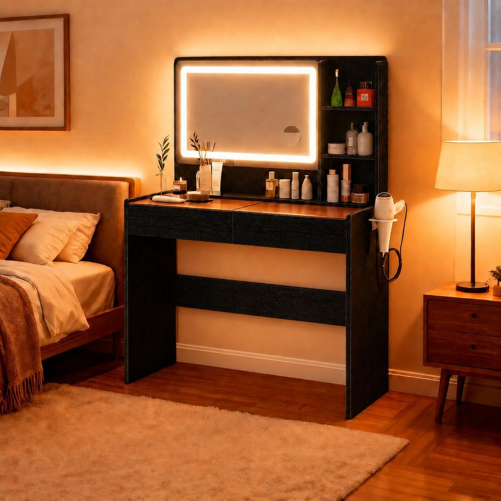 Makeup Vanity Desk with Smart LED Mirror & RGB Lights, Glass Top Peach Mo...