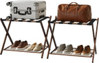 Smuxee Fully Assembled Walnut Grain Luggage Rack set of 2, Foldable Iron Suitcase Stand with 5 Nylon Straps, Luggage Holder with Shelf for Guest Room Bedroom Hotel