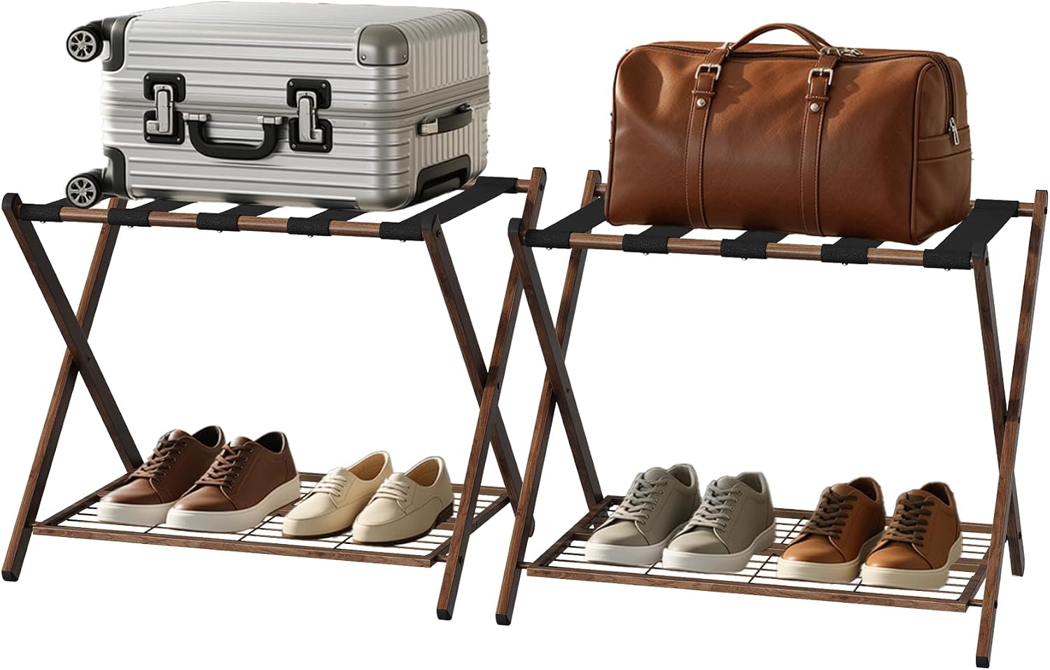 Smuxee Fully Assembled Walnut Grain Luggage Rack set of 2, Foldable Iron Suitcase Stand with 5 Nylon Straps, Luggage Holder with Shelf for Guest Room Bedroom Hotel