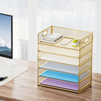 Marbrasse 2 Pack Desk Organizer with Handle, 6 Tier Paper Letter Tray, Mesh Desk File Organizer for Office, School and Home - Gold