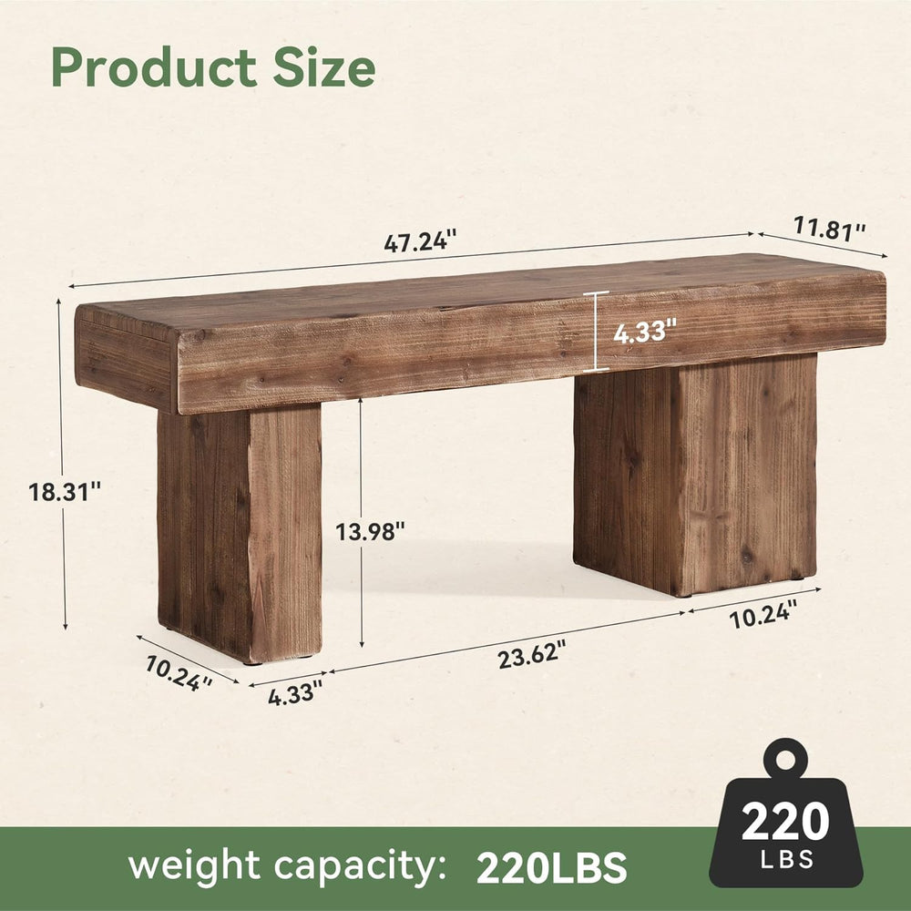 Solid Wood Bench, 47” Farmhouse Entryway Bench with Thickened Seat & Arti...