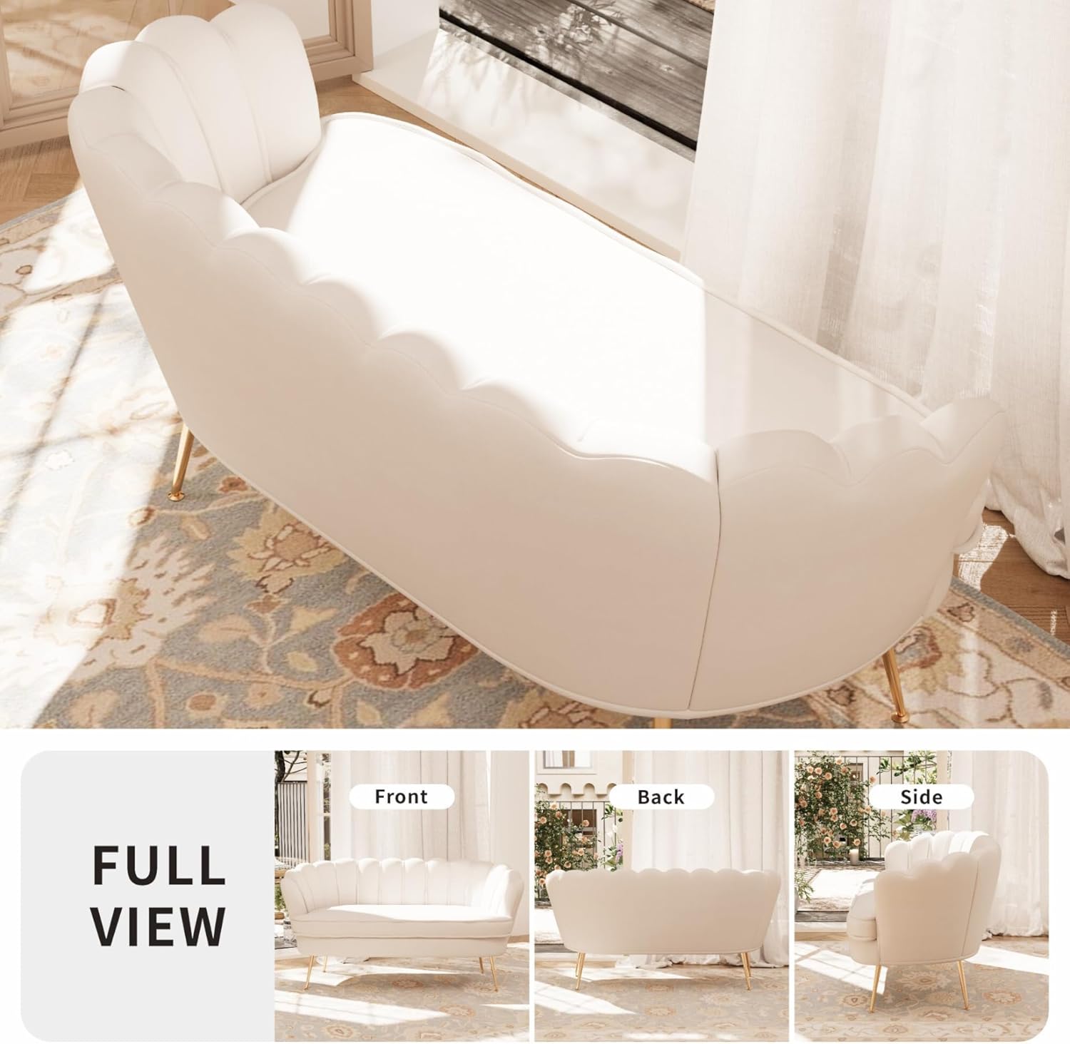 59'' Loveseat Sofa, Comfy Chenille 2-Seater Sofa with Gold Legs, Modern Shell Accent Couch for Studio, Living Room, Store, Office (Beige Chenille).