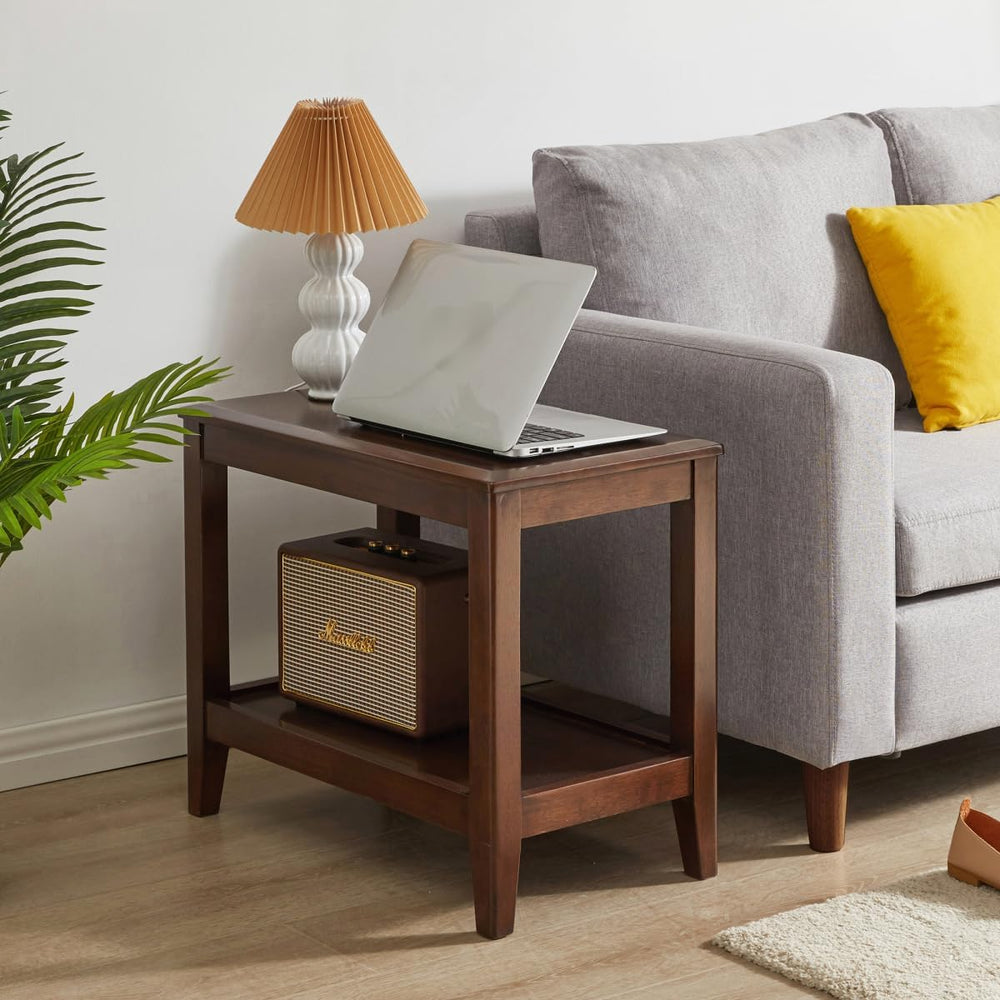Solid Wood End Table with Storage Shelf, 2-Tier Rustic Side Table for Living ...