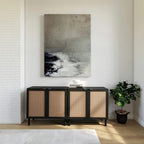 Sango Orre 2-Door Cabinet, Modern Black Storage Cabinet with Synthetic Rattan Door Panels, Adjustable Shelf, Cylindrical Wood Legs, Discreet Finger Pulls, Elegant Furniture for Living or Dining Room