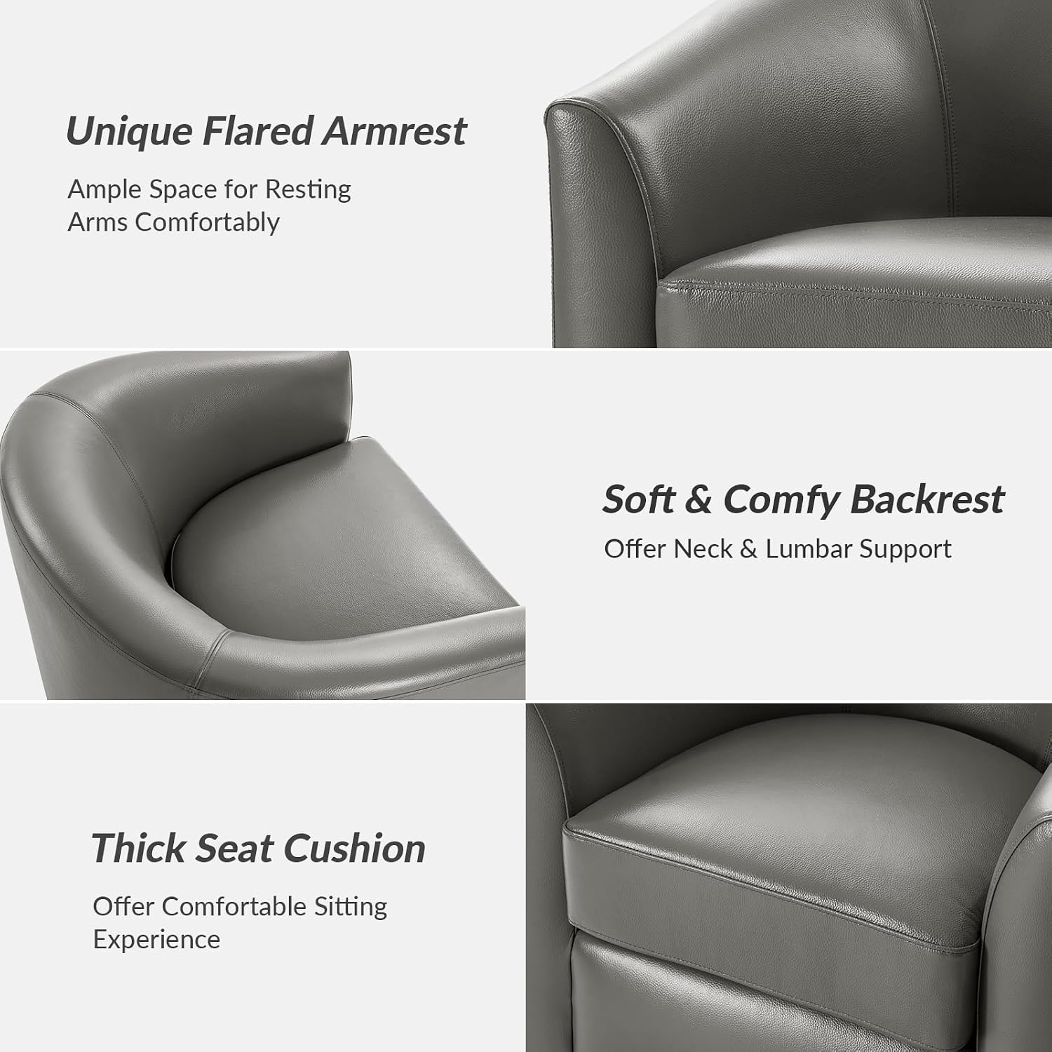 HULALA HOME Genuine Leather Swivel Barrel Chair with Solid Wood Base, Grey | Transitional Round Swivel Accent Chair with Flared Armrests, No Assembly Required, for Living Room Bedroom Reading Relaxation