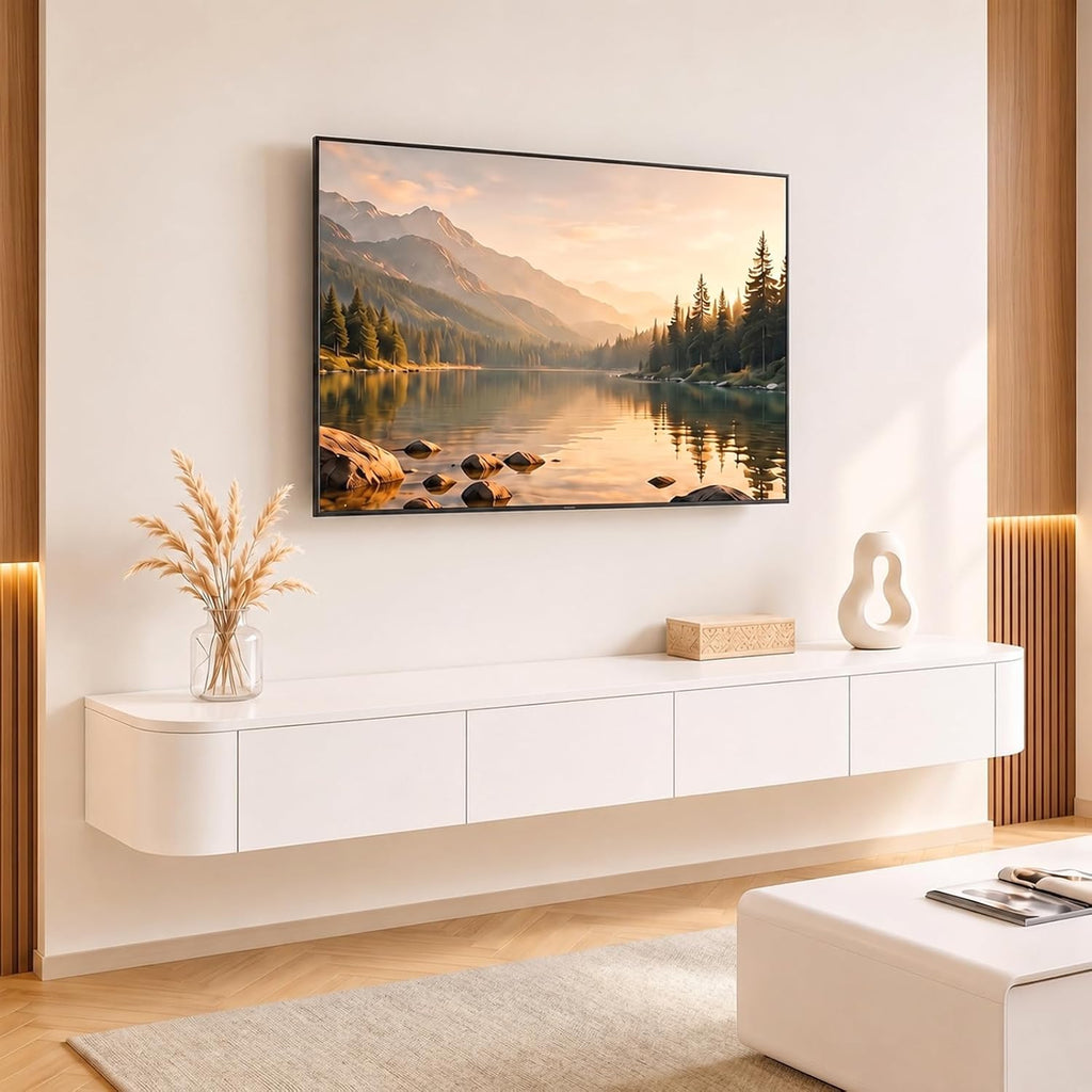Ribaned Modern Floating TV Stand | Wall-Mounted Entertainment Media Console | Large Storage TV Bench for Living Room & Office (White, 62.9'')