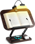 Book Stand with Light & Storage, Book Holders for Reading Hands Free, Wooden Cookbook Stand with Adjustable Height & 360 °Angle for Recipe,Magazine,Laptop,Tablet, Bible