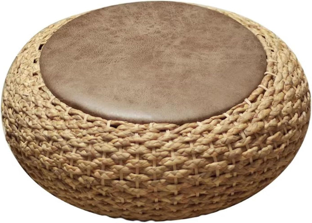 Round Straw Knitted Pouf, Foot Stool Leather Roof Steel Frame Stuffed Futon,f...