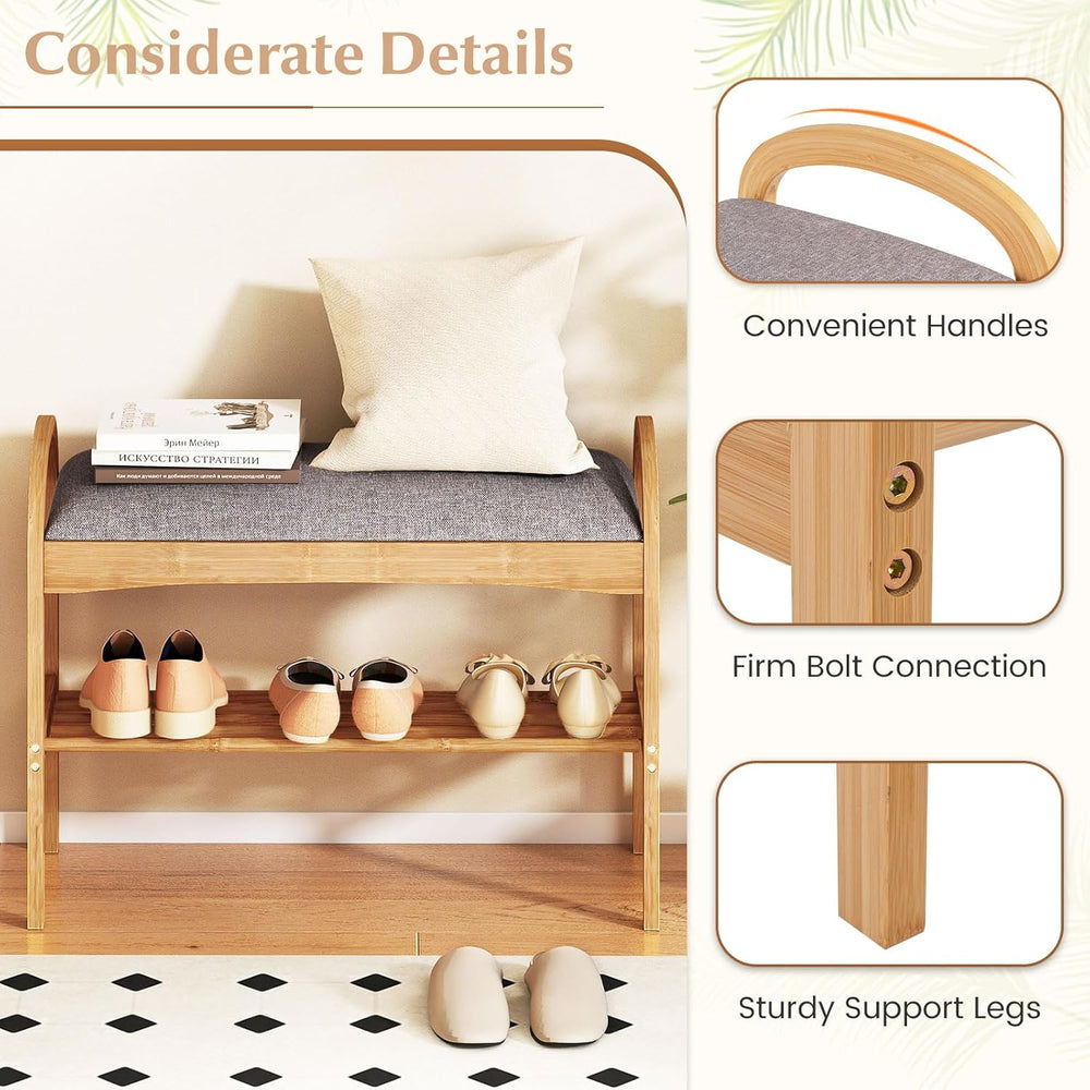 Giantex Shoe Rack Bench, Bamboo 2-Tier Entryway Bench with Padded Cushion, Sh...