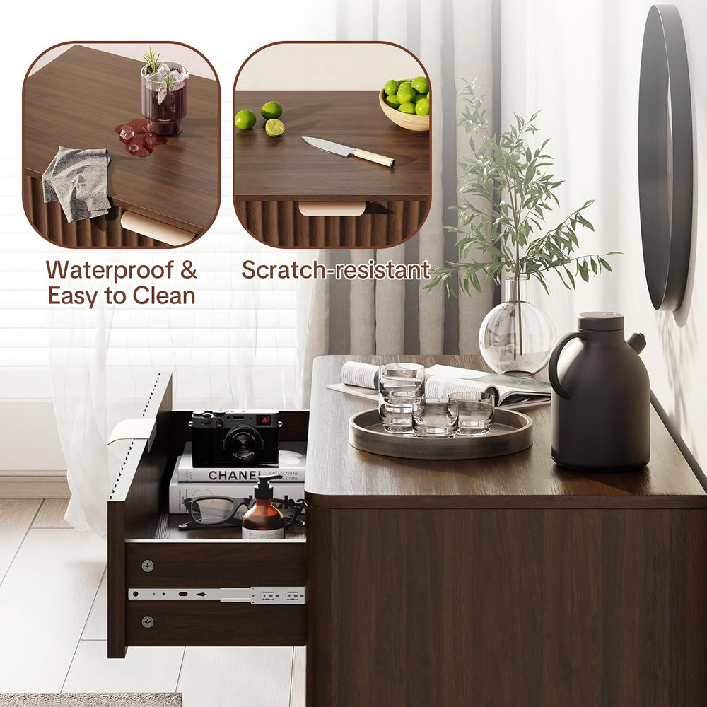 Fluted Buffet Cabinet Accent with Doors & Drawer 31" Walnut | Anti-t...