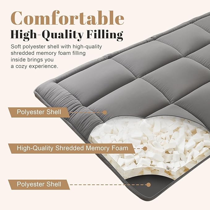 WhatsBedding Japanese Floor Mattress Futon Mattress 3" Grey Tatami Mat Shredded Memory Foam Filled Sleeping Pad, Foldable & Portable Roll Up Lounger Camping Bed for Kids and Adult,Full Size 54"x 80"