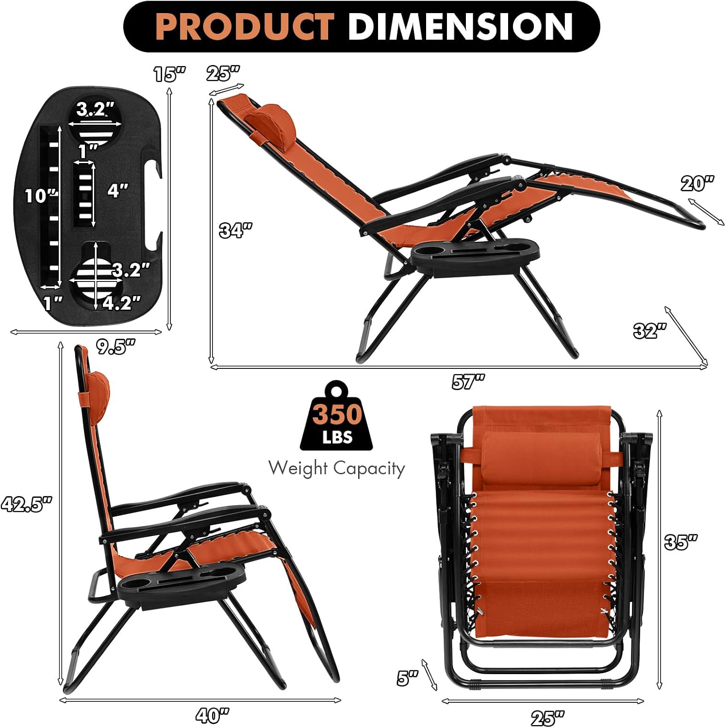 Giantex 2 PCS Zero Gravity Chair, Outdoor Chaise Lounge with Cup Holder, Patio Folding Chairs Recliner for Yard Pool Lawn Balcony, Orange