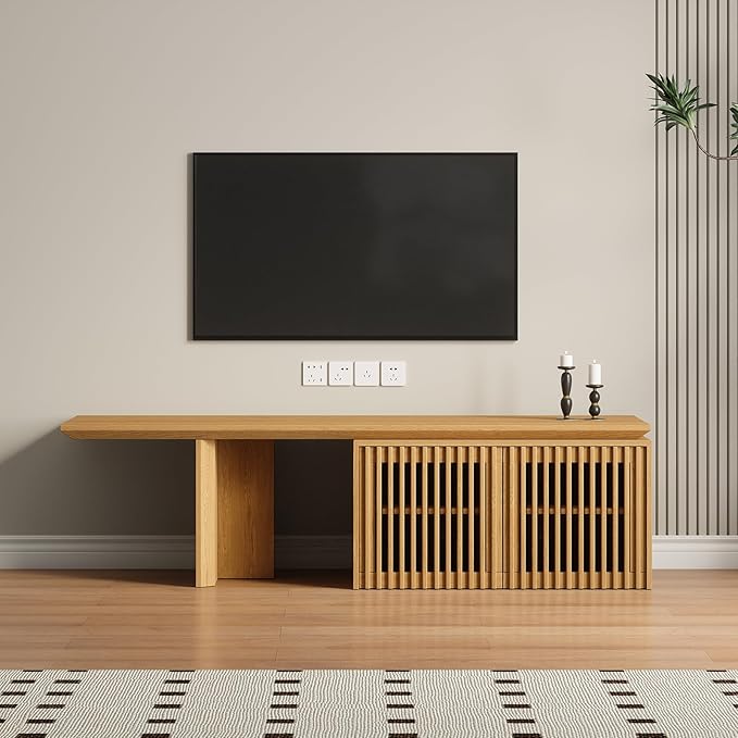 XEW Extendable TV Stand with Storage and Shelves, Wood Entertainment Center for 55+ Inch TV, Modern TV Console, Minimalist Media Console for Living Room, Bedroom-Wood (Extendable: 60.6"-84.3")