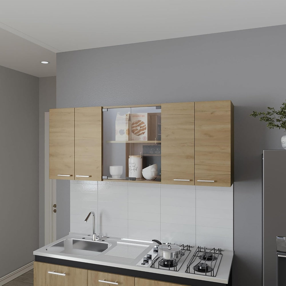 Wall Cabinet Kitchen 4 Doors and Glass Storage, Natural Oak,for Kitchen