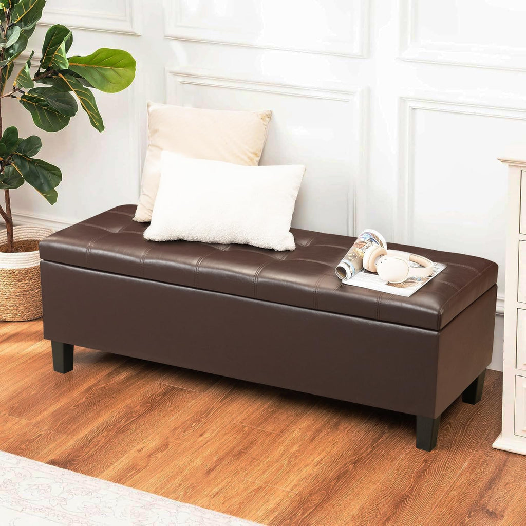 Asense 45" Storage Ottoman Bench,Faux Leather Upholstered Ottoman with Legs,Tufted Ottoman with Safety Hinge,Storage Bench for Bedroom,Living Room,Entryway,Chocolate Brown