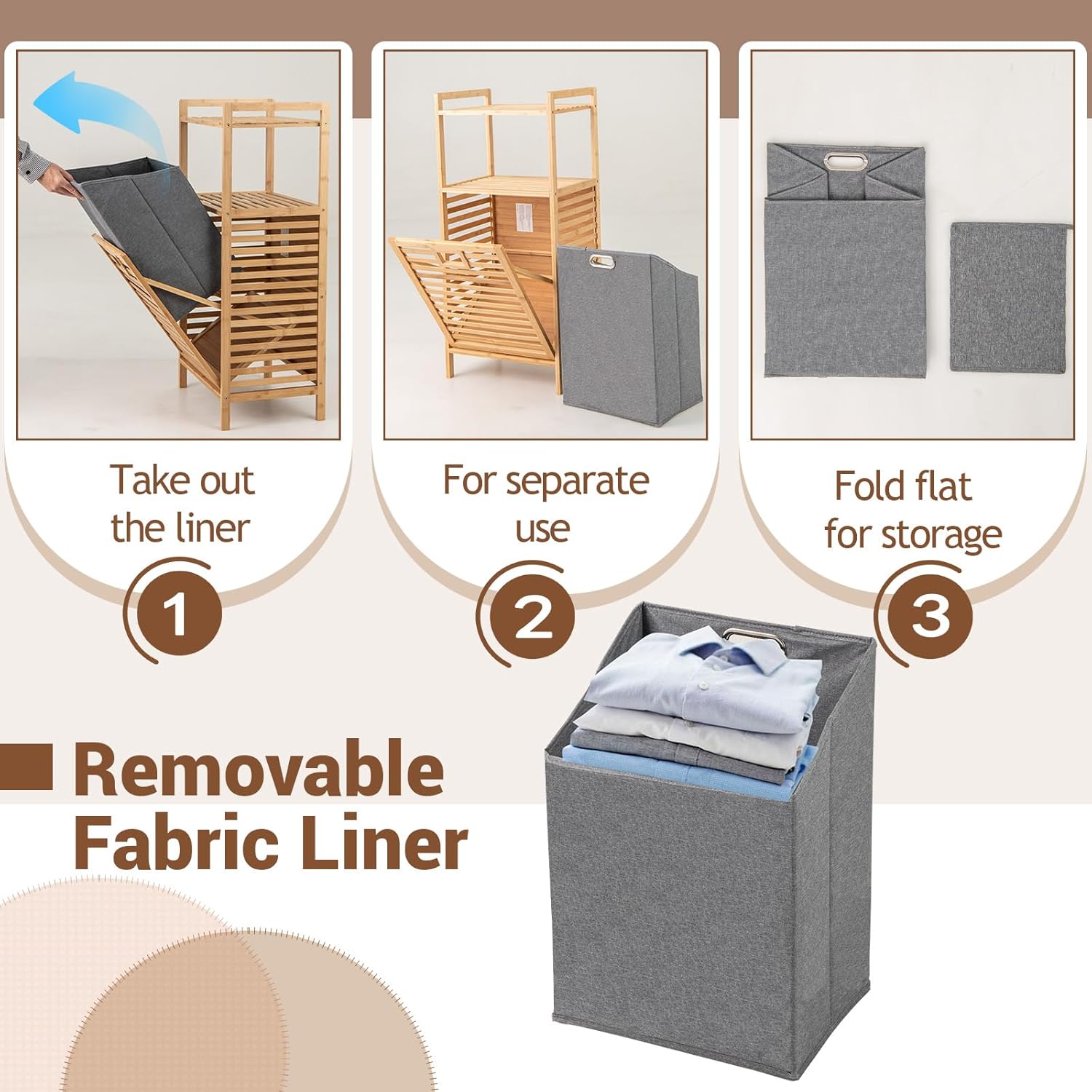 GOFLAME Tilt-out Laundry Hamper with 2-Tier Shelves, Bamboo Laundry Baskets Organizer with Removable & Foldable Fabric Liner, Bathroom Storage Shelf Cabinet for Laundry Room, Bedroom