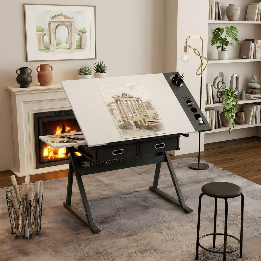 Adjustable Drawing Table with Stool, 2 Drawer Drafting Desk for Artists, Tilt...