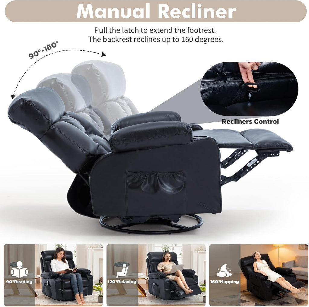 Faux Leather Swivel Rocker Recliner Chair with Heat Massage, Black | Manual Recliner, Overstuffed, Cup Holders, USB Port, Reclining Lounge Chair, Nursery Rocking Glider Chair