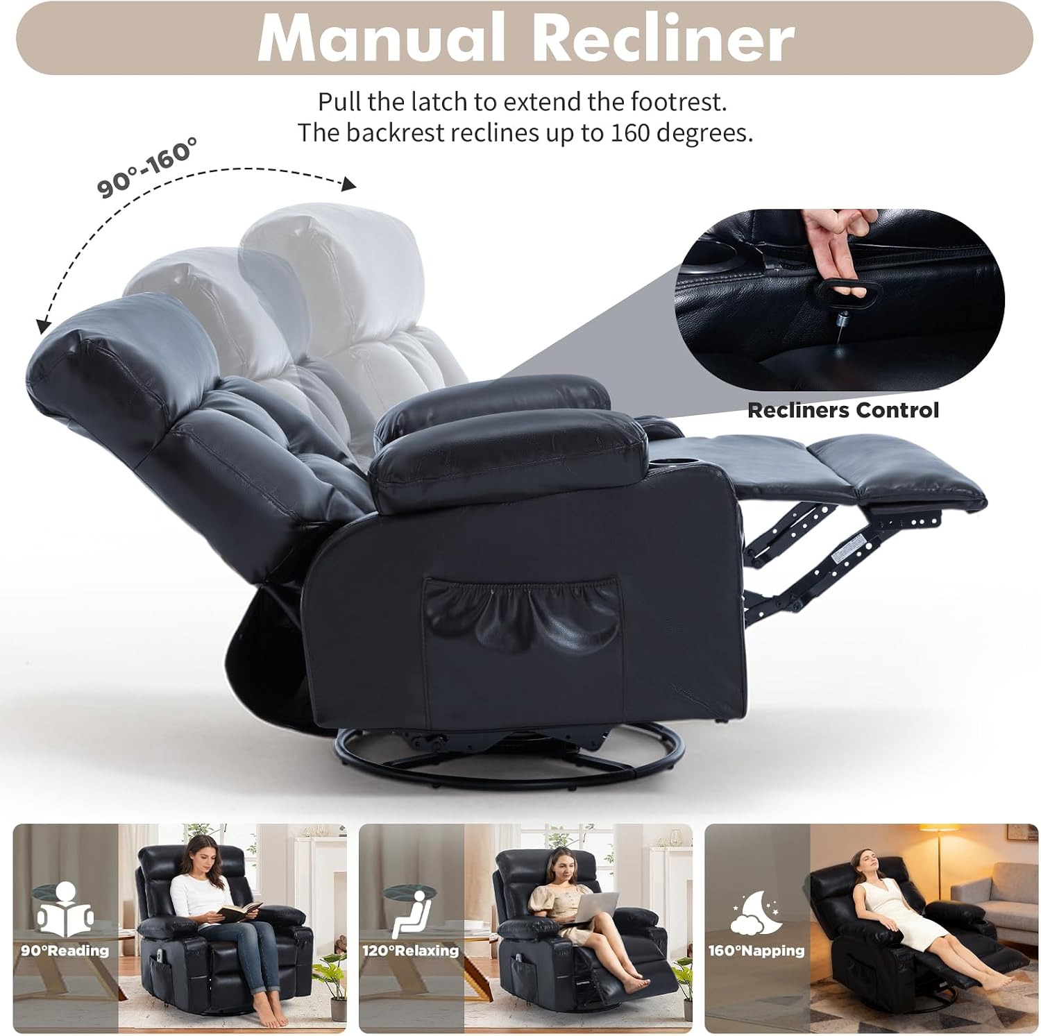 Faux Leather Swivel Rocker Recliner Chair with Heat Massage, Black | Manual Recliner, Overstuffed, Cup Holders, USB Port, Reclining Lounge Chair, Nursery Rocking Glider Chair