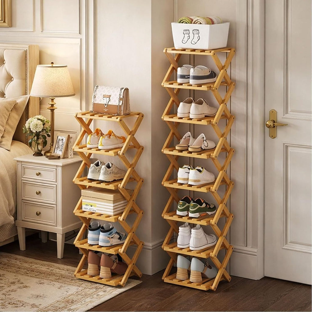 9-Tier Pre-Assembled Bamboo Storage Shelf — Foldable Bamboo Corner Shoe Rack | Space-Saving, Narrow Shoe Rack (No Assembly Required) — Ideal for Entryways, Closets, and Dorm Rooms (Brown, 9-Tier)