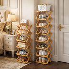 9-Tier Pre-Assembled Bamboo Storage Shelf — Foldable Bamboo Corner Shoe Rack | Space-Saving, Narrow Shoe Rack (No Assembly Required) — Ideal for Entryways, Closets, and Dorm Rooms (Brown, 9-Tier)