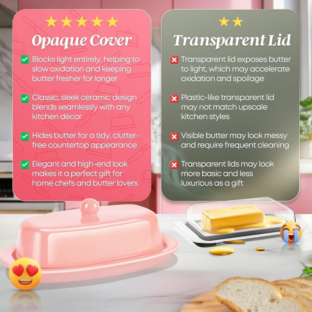 Flexzion Ceramic Pink European Butter Dish with Lid for Countertop (7 Inch) - 1 Stick Butter Holder for Counter, Cream Cheese Container Storage Keeper