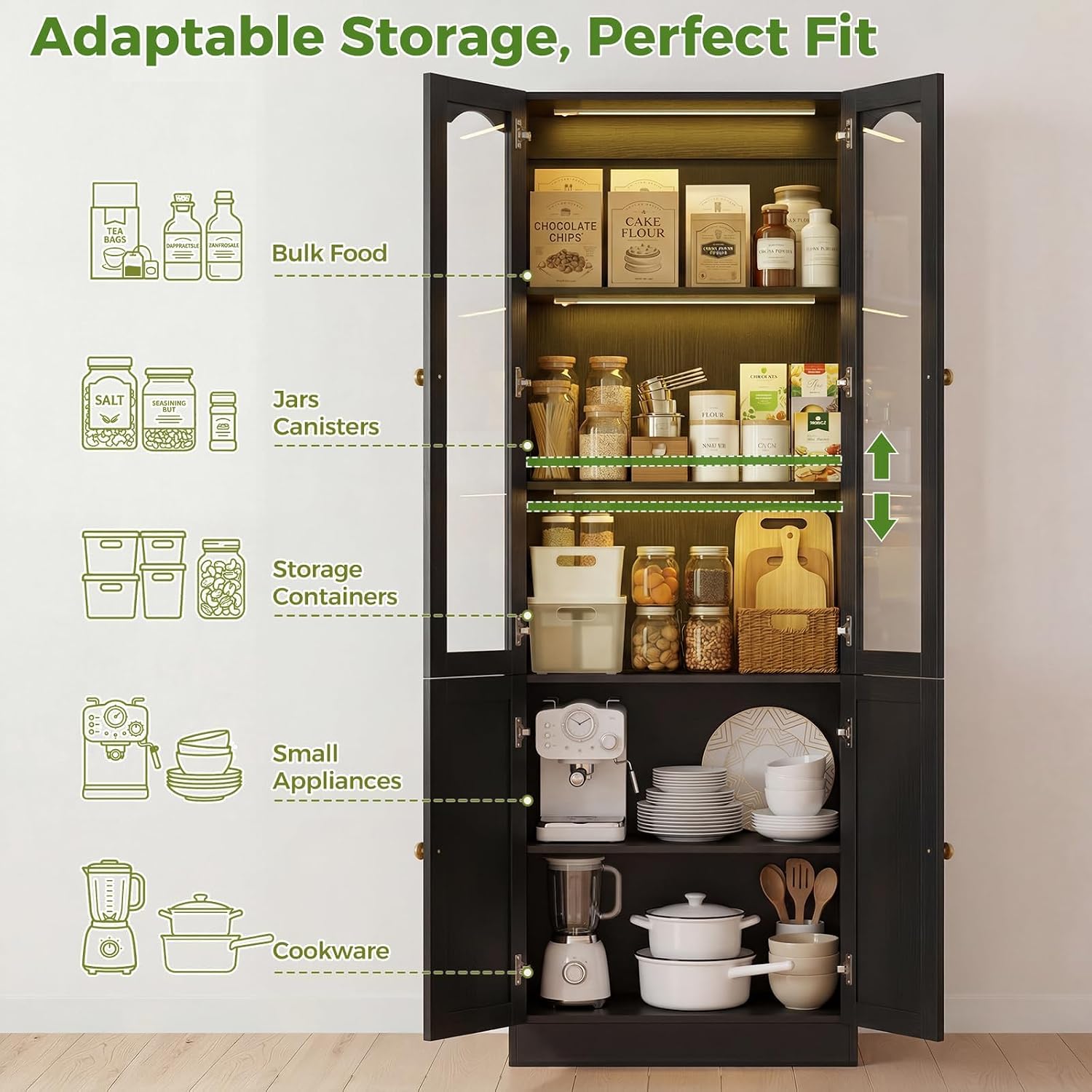 Cyclysio 80" Tall Pantry Cabinet with Arched Glass Doors and Lower Storage Cabinet, Black Kitchen Pantry Storage Cabinet with Interior Motion Sensor Light, Adjustable Shelf, Baseboard Cutout
